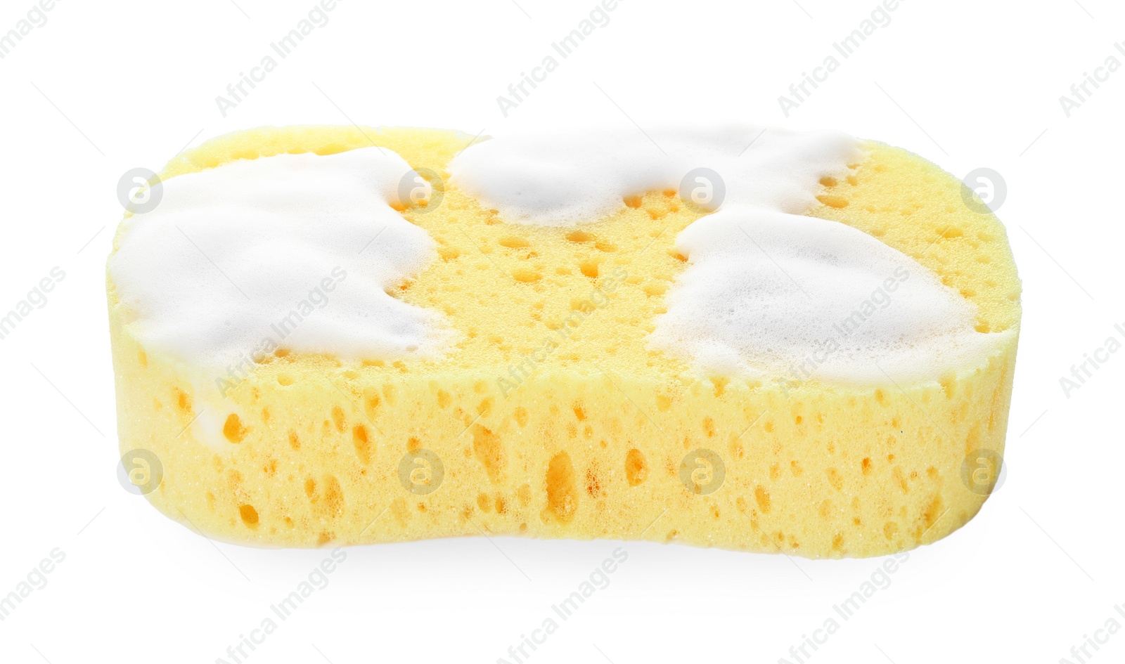 Photo of Yellow sponge with foam isolated on white