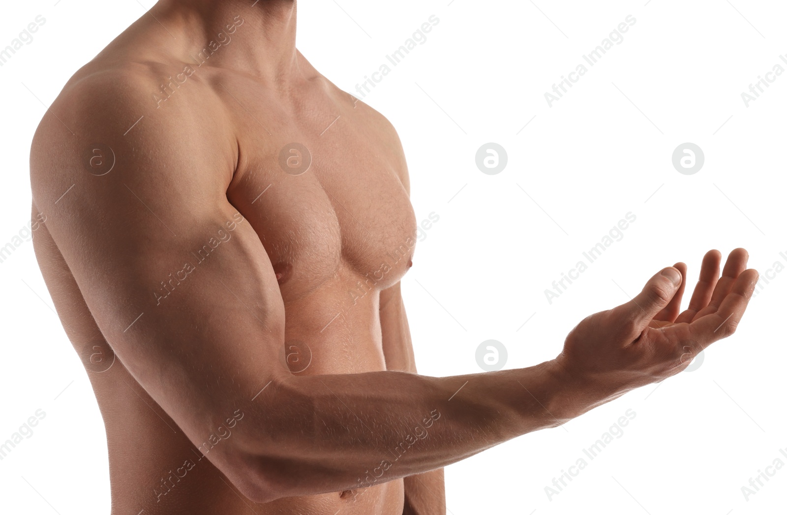 Photo of Man with muscular body on white background, closeup