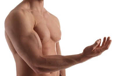 Man with muscular body on white background, closeup