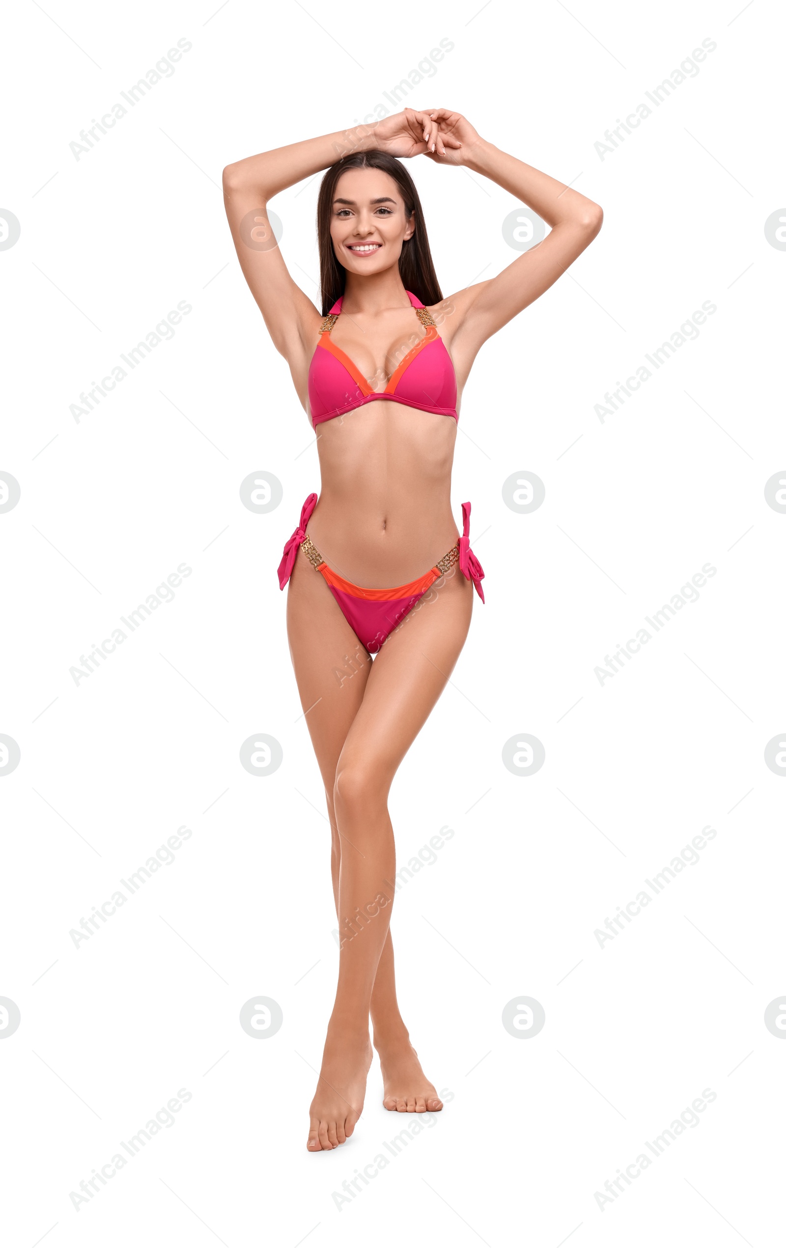 Photo of Young woman in stylish bikini isolated on white