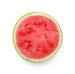 Photo of Half of ripe juicy watermelon isolated on white, top view