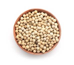 Photo of Wooden bowl with pepper grains on white background, top view