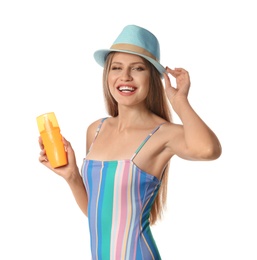 Photo of Woman with bottle of sun protection body cream on white background