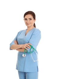 Photo of Portrait of female doctor in scrubs with stethoscope isolated on white. Medical staff