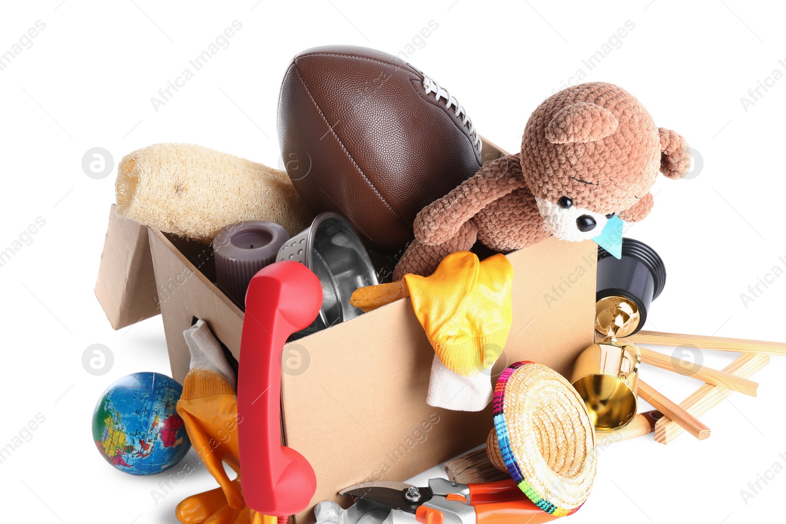 Photo of Box of unwanted stuff isolated on white