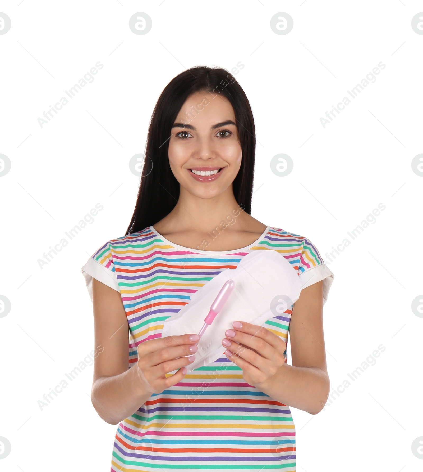 Photo of Young woman with menstrual pad and tampon on white background