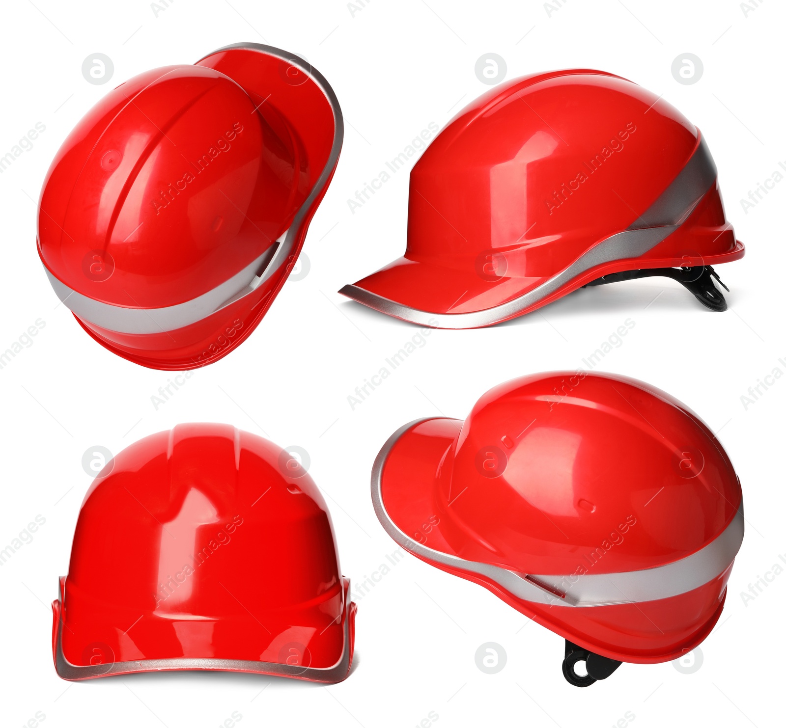 Image of Set with safety hardhat on white background. Construction tool