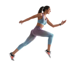 Photo of Athletic young woman running on white background, side view