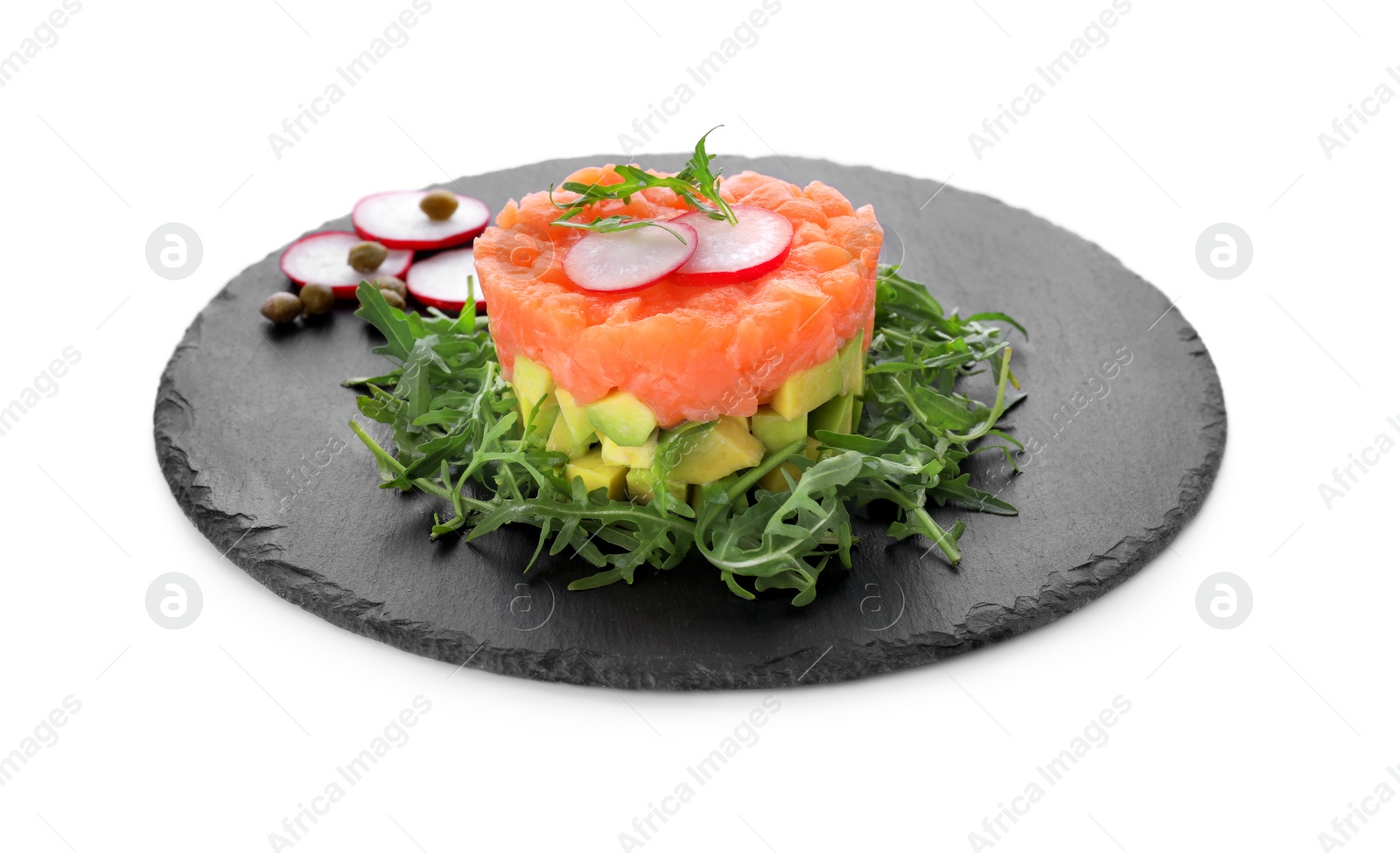 Photo of Tasty salmon tartare with radish, avocado and arugula isolated on white