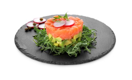 Tasty salmon tartare with radish, avocado and arugula isolated on white