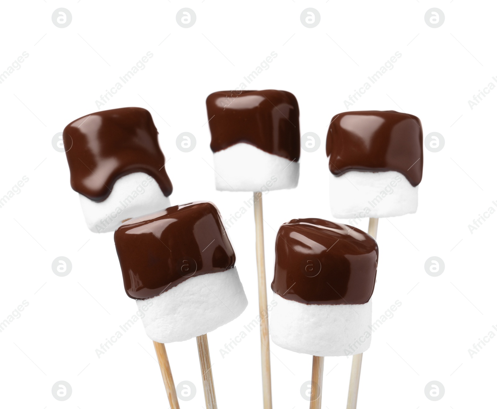 Photo of Tasty marshmallows dipped into chocolate on white background