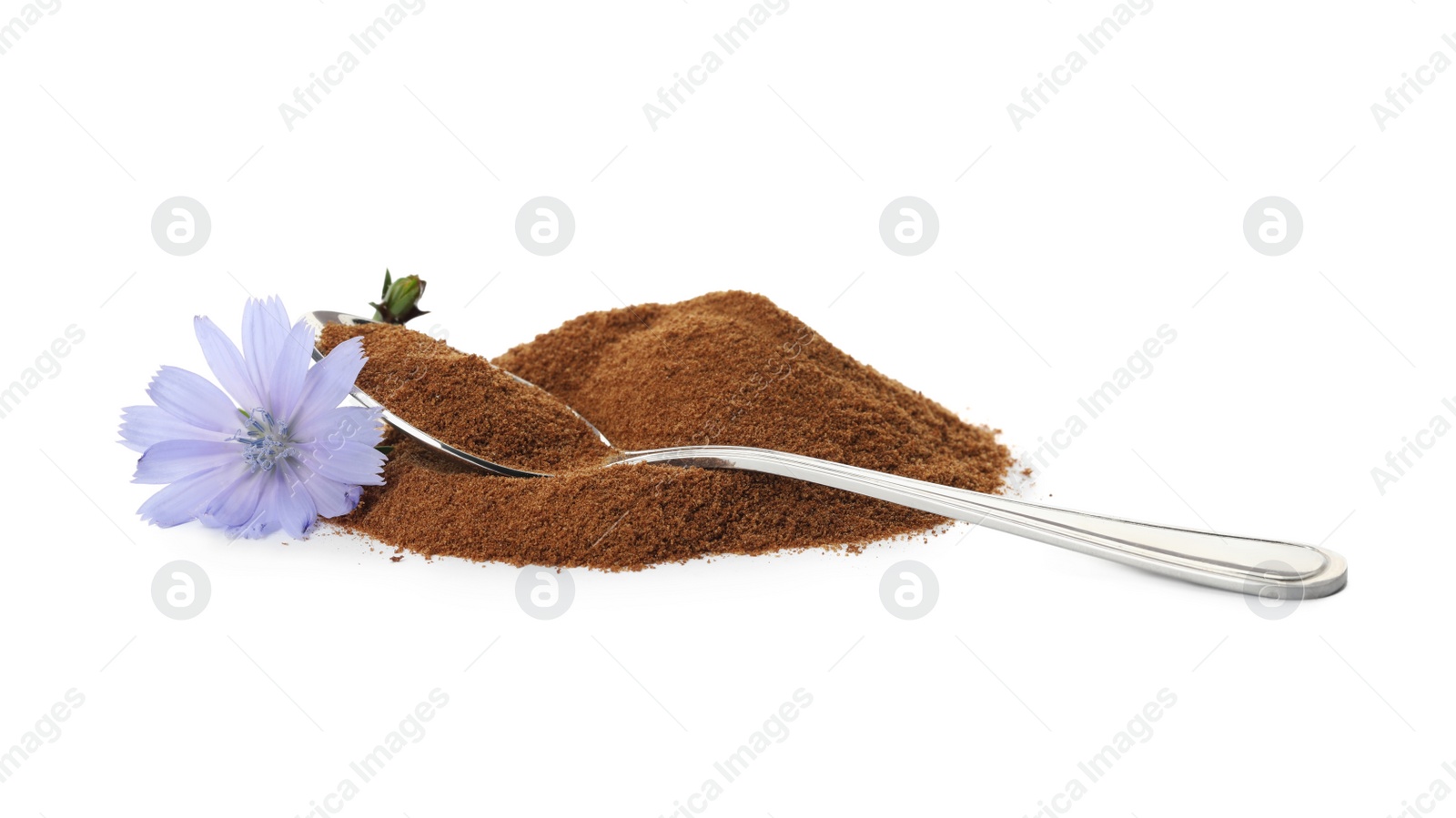 Photo of Spoon, chicory powder and flower on white background