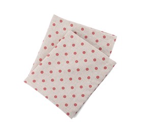 Photo of Cloth kitchen napkin with polka dot pattern isolated on white, top view