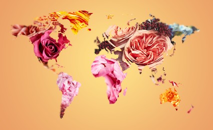 World map made of beautiful flowers on gradient background, banner design