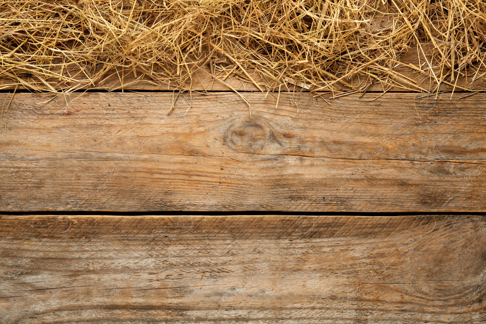 Photo of Dried hay on wooden background, flat lay. Space for text