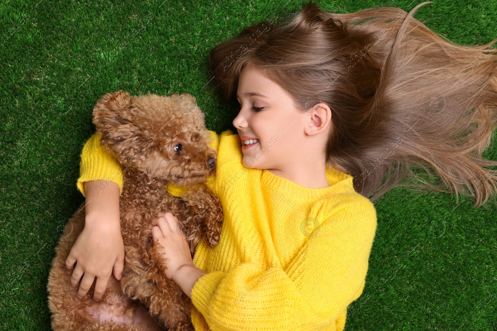 Photo of Little child with cute puppy on green grass, top view. Lovely pet