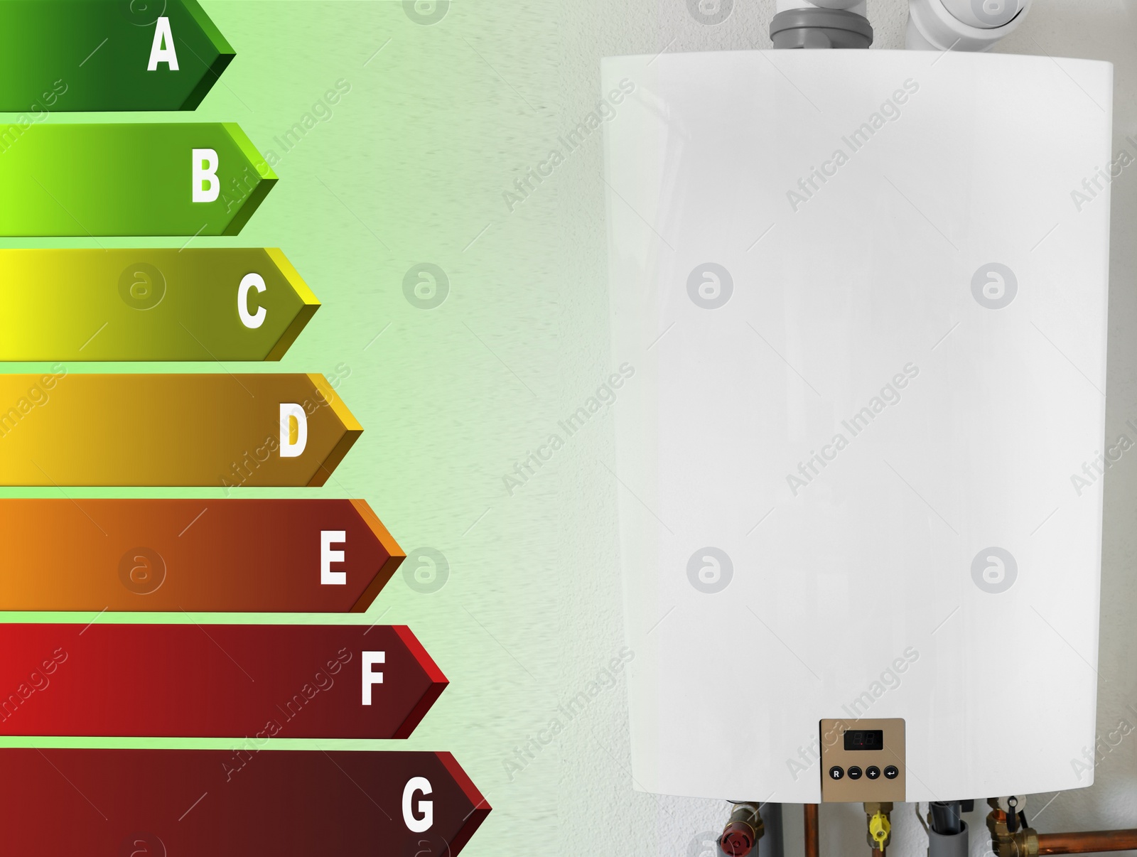 Image of Energy efficiency chart and gas boiler indoors