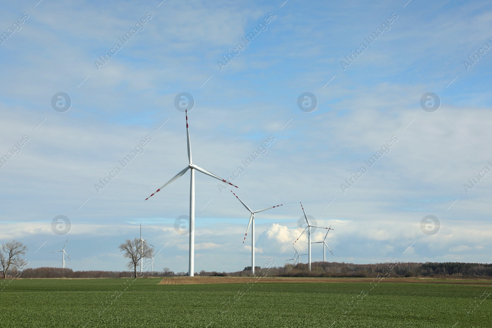 Photo of Modern wind turbines in field on sunny day. Alternative energy source