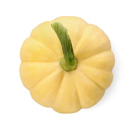 One fresh yellow pumpkin isolated on white, top view