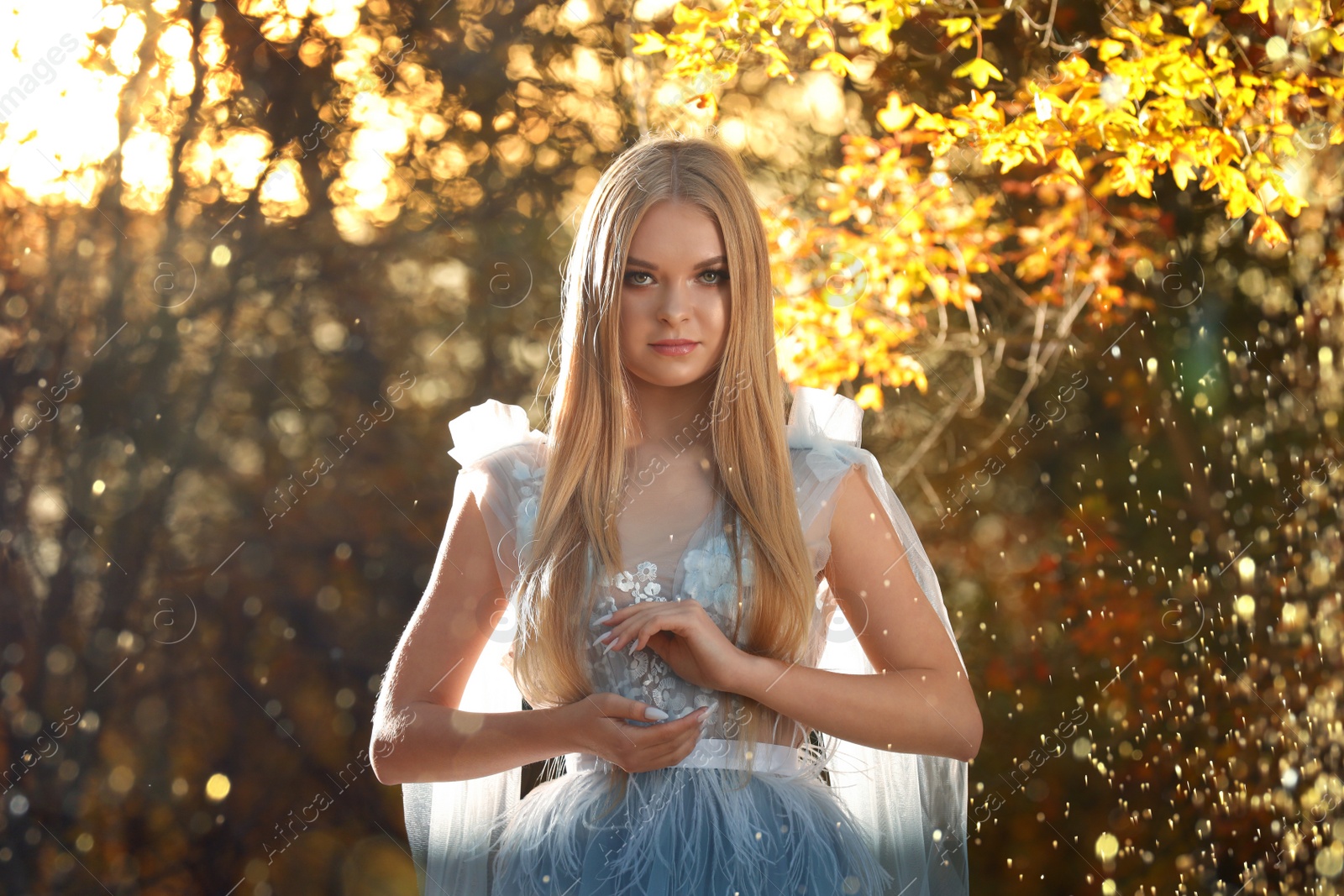 Photo of Beautiful girl wearing fairy dress in autumn forest