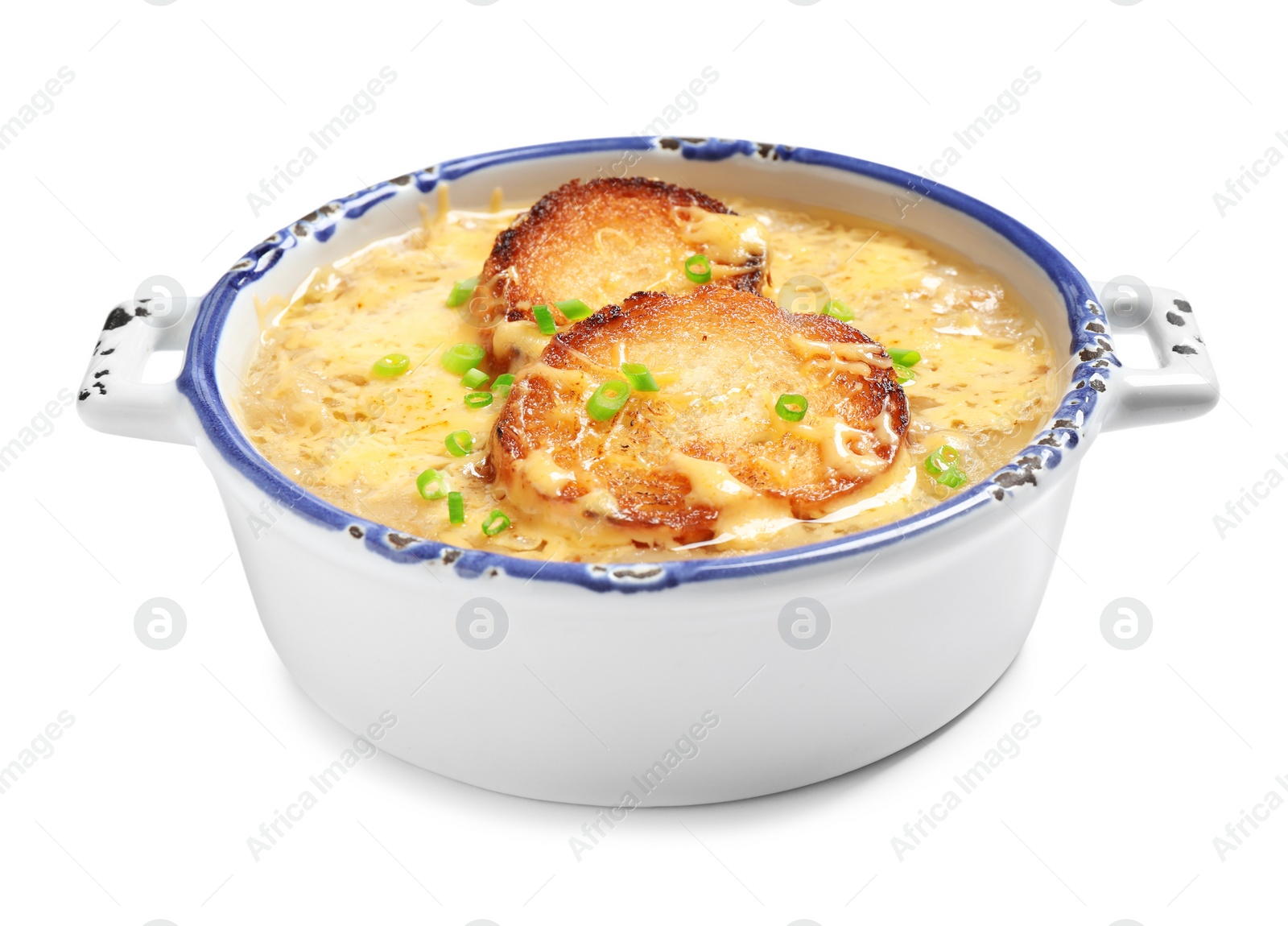 Photo of Tasty homemade french onion soup isolated on white