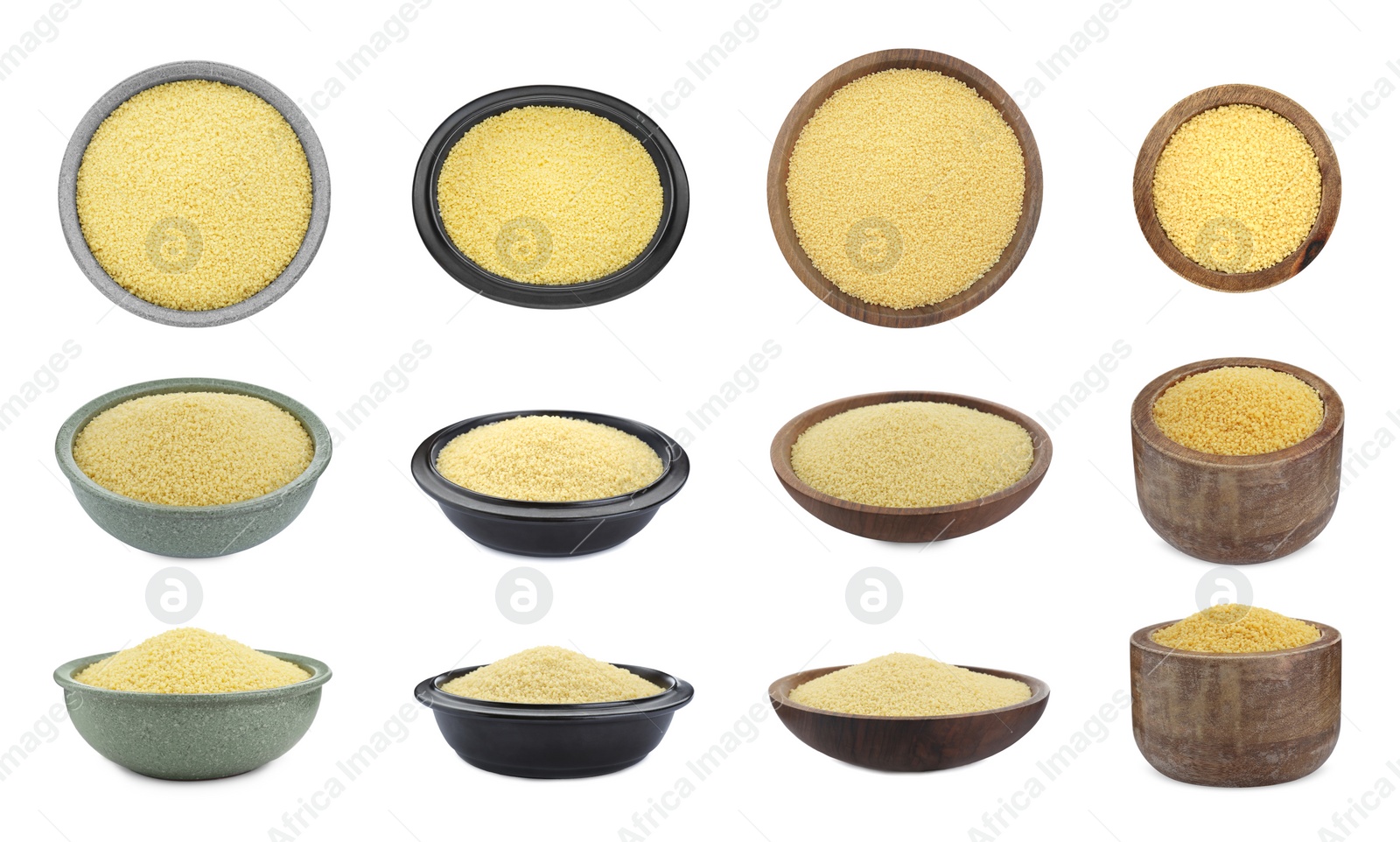 Image of Collage with raw couscous in different bowls on white background, top and side views