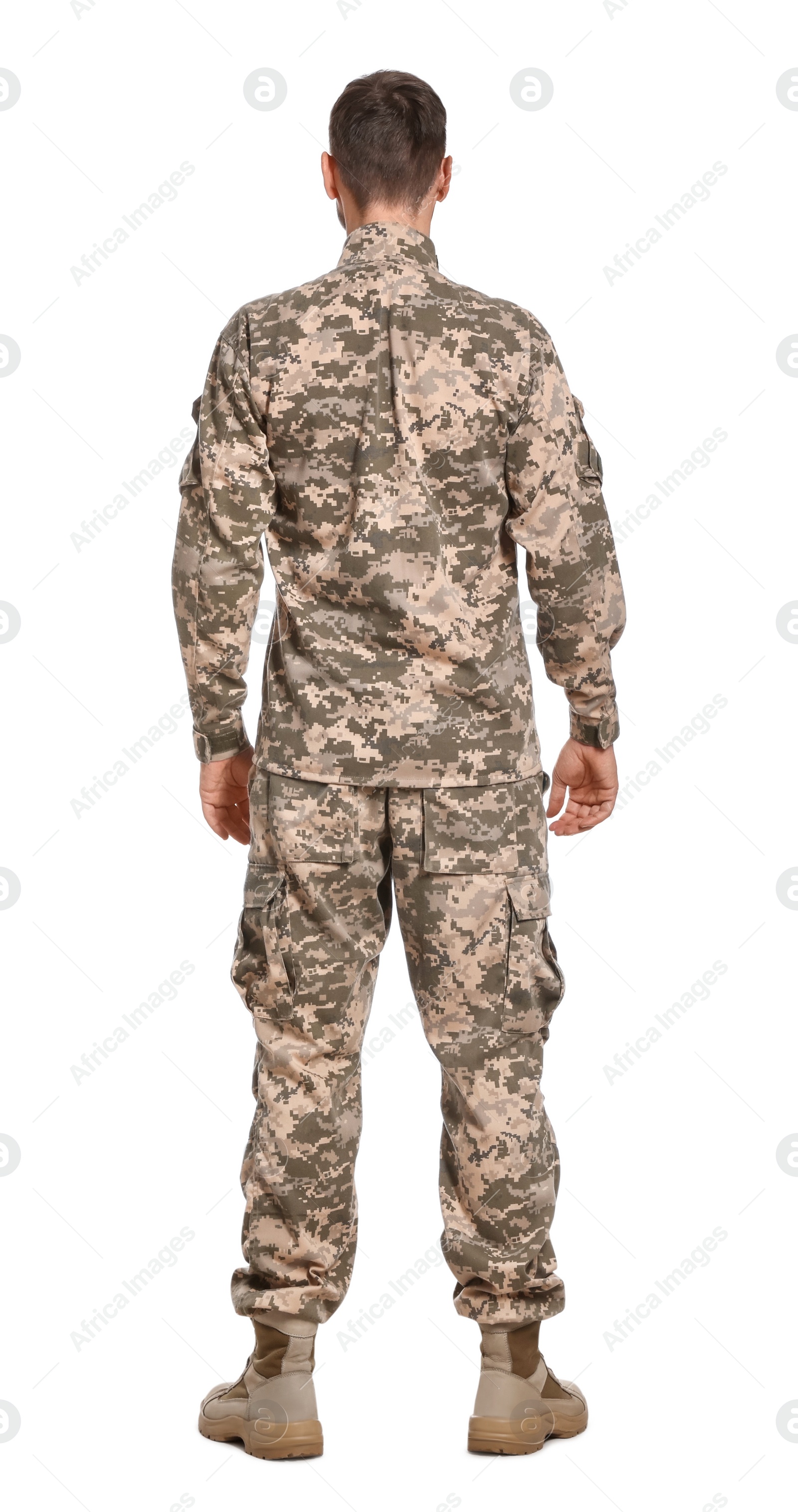 Photo of Ukrainian soldier in military uniform on white background, back view