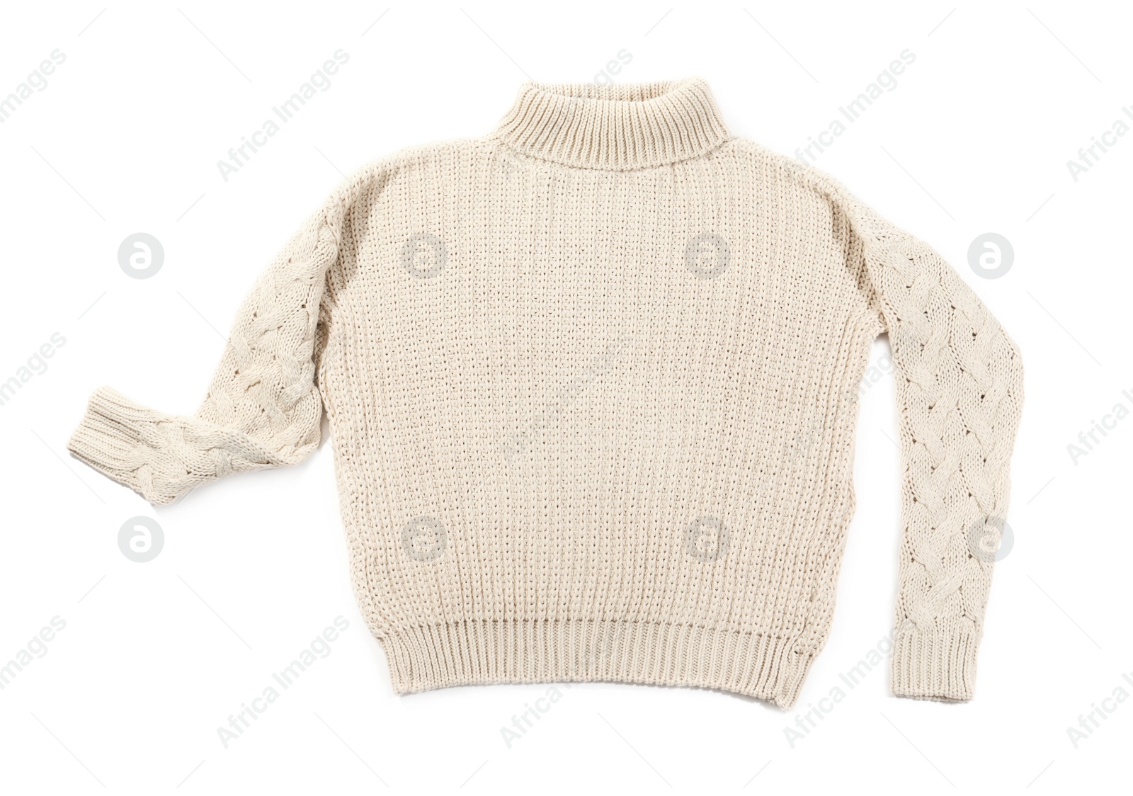 Photo of Cozy warm sweater on white background, top view