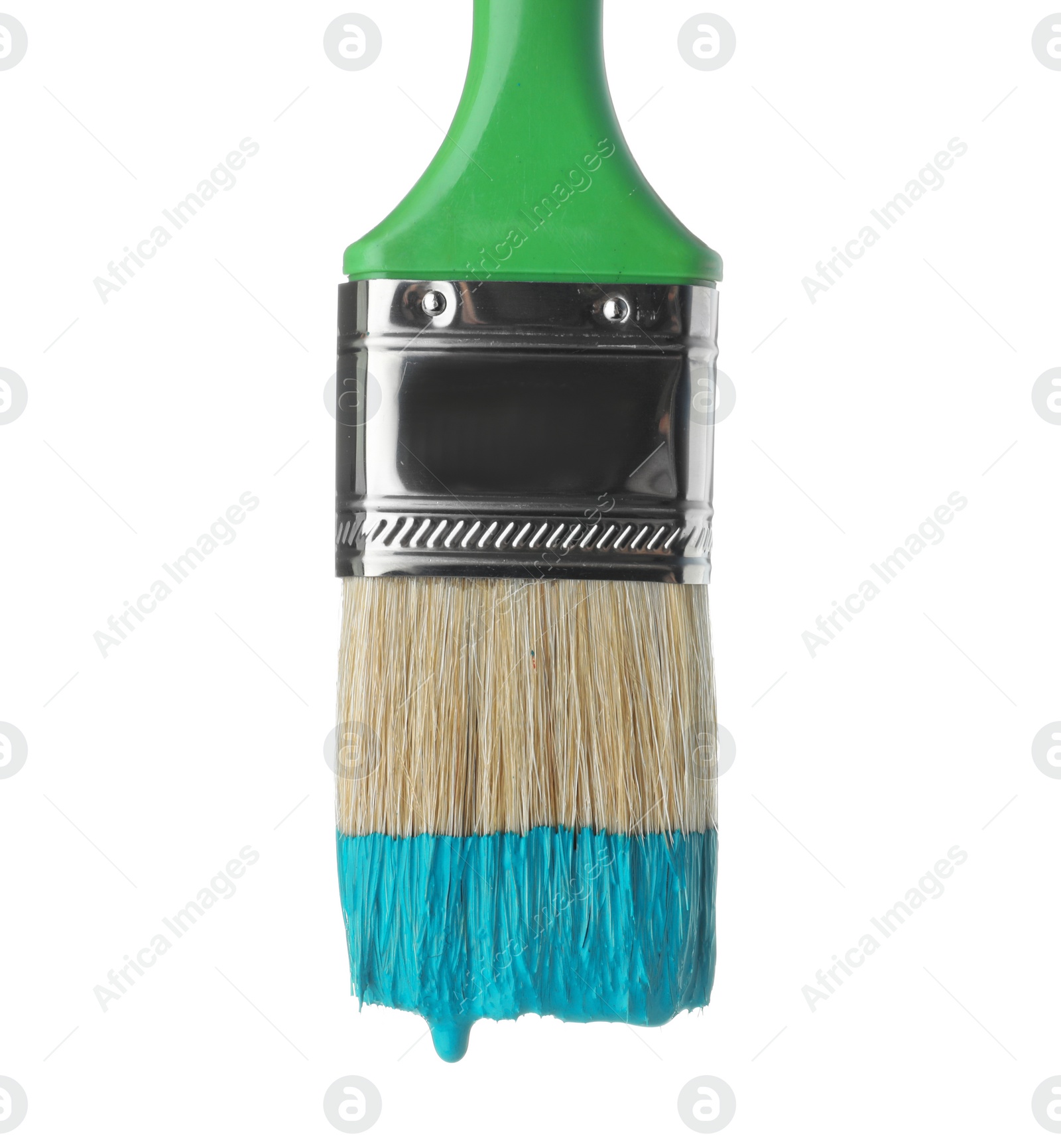 Photo of Brush with green paint on white background, closeup
