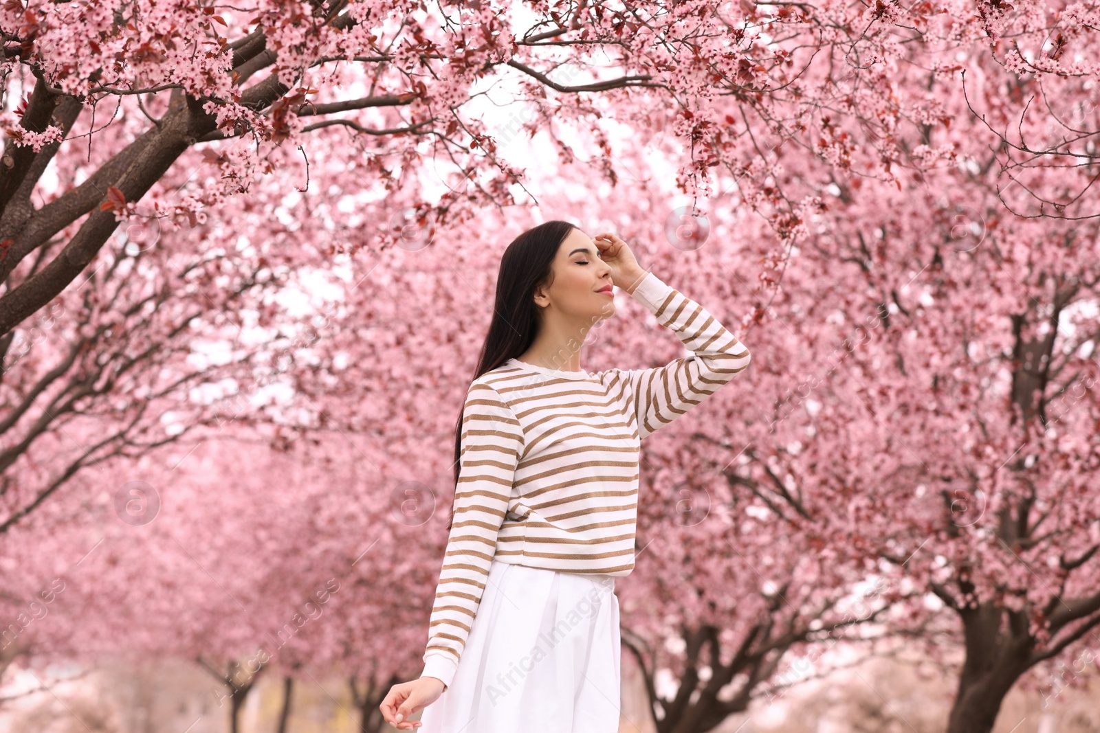 Photo of Pretty young woman in park with blooming trees. Spring look