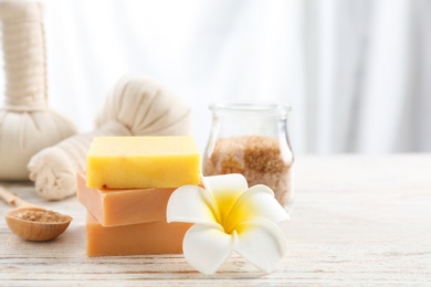 Beautiful composition with spa products on white wooden table