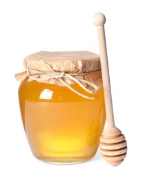 Tasty natural honey in glass jar and dipper isolated on white