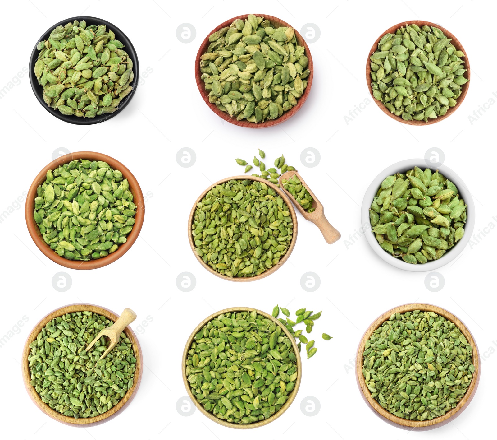 Image of Set with cardamom seeds on white background, top view