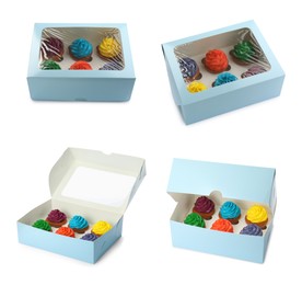 Image of Set of boxes with different tasty cupcakes on white background