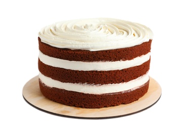 Delicious homemade red velvet cake on white background