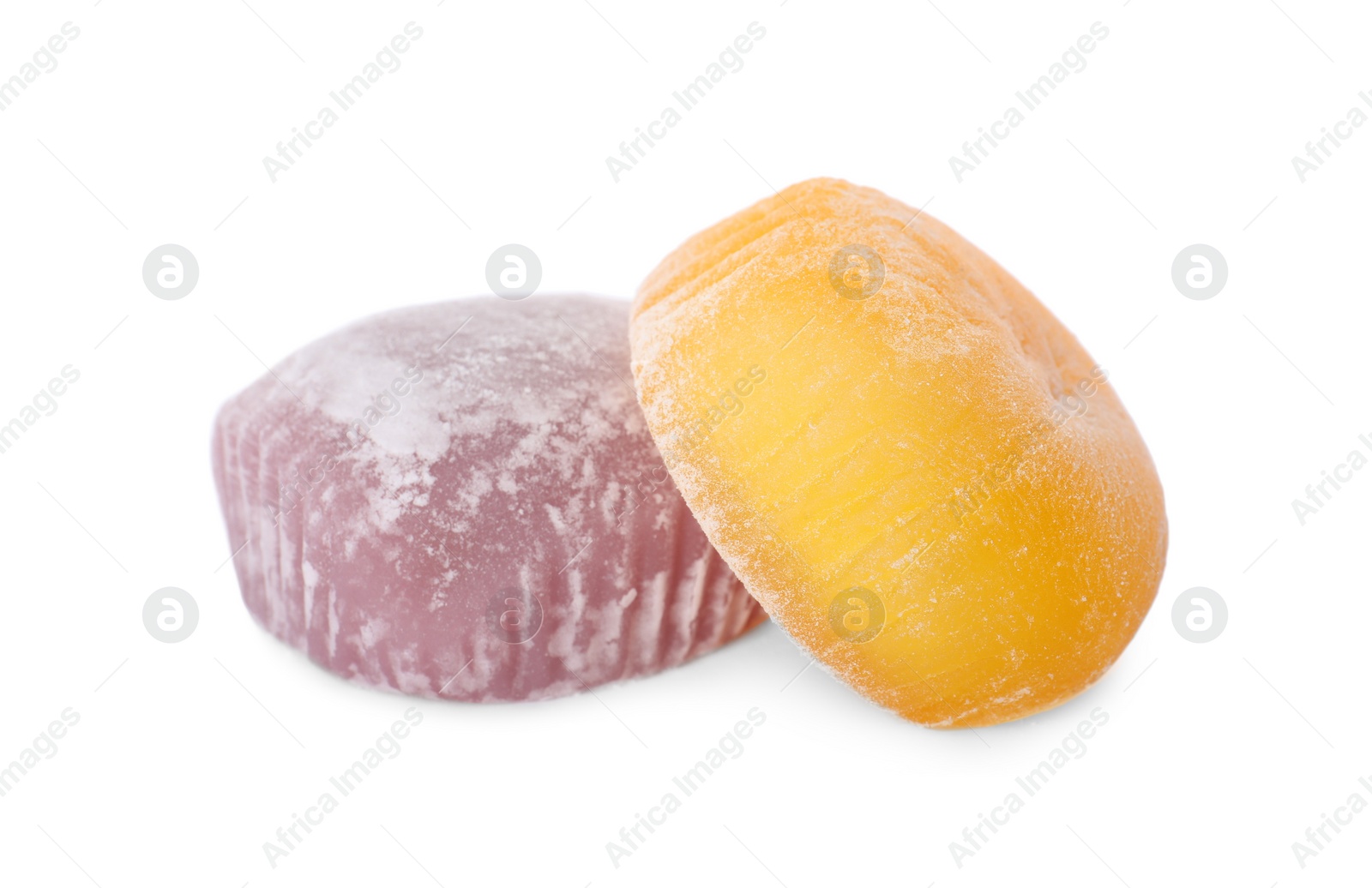 Photo of Different delicious mochi on white background. Japanese cuisine