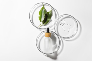 Photo of Petri dishes with sample, leaves and bottle on white background, top view