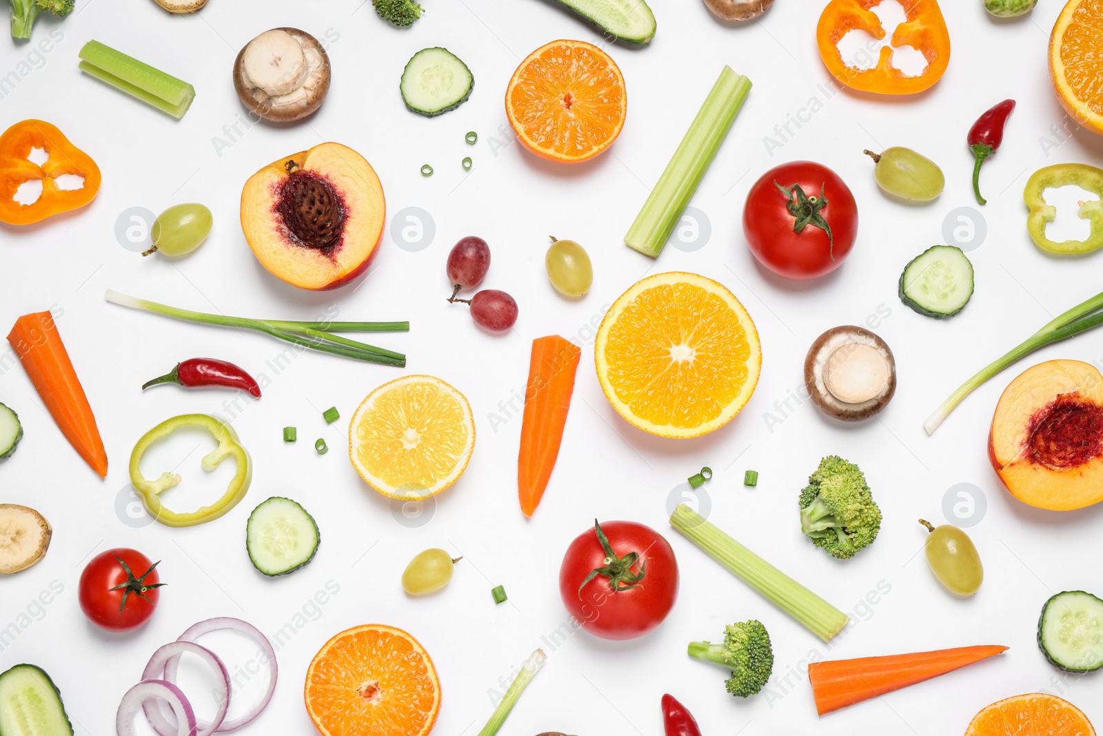 Photo of Fresh organic fruits and vegetables on white background, flat lay