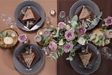 Photo of Elegant table setting with beautiful floral decor and burning candles, top view