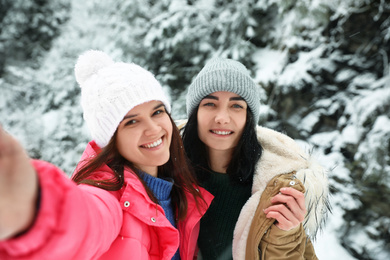Photo of Friends taking selfie outdoors on snowy day. Winter vacation