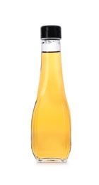 Photo of Glass bottle of apple vinegar on white background