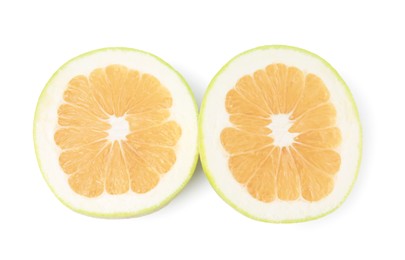 Photo of Halves of fresh ripe sweetie fruit on white background, top view