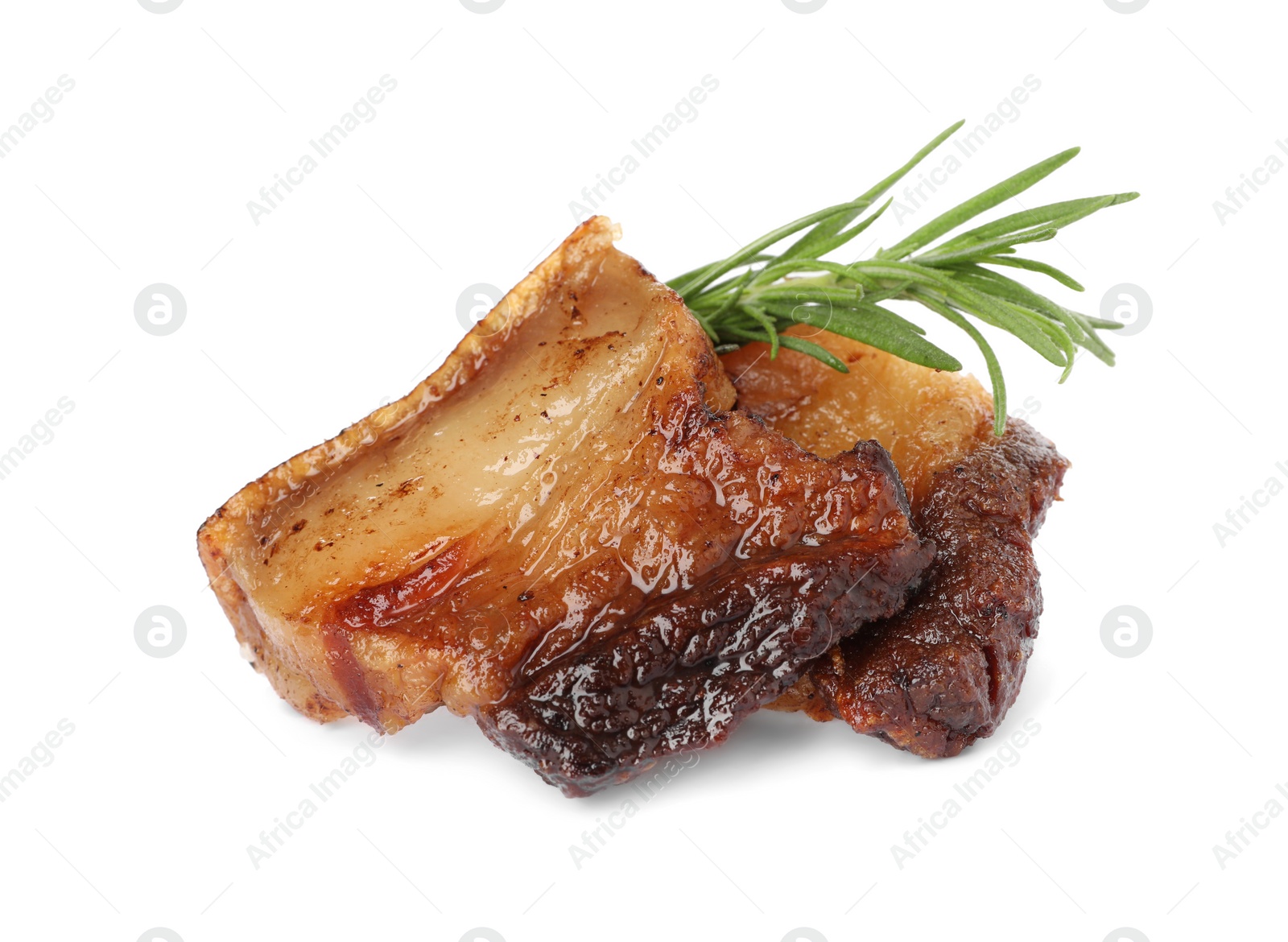 Photo of Tasty fried cracklings with rosemary on white background. Cooked pork lard