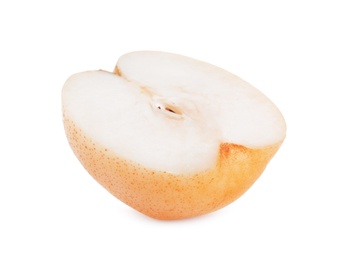 Photo of Cut fresh apple pear on white background