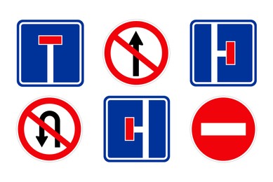 Set with different road signs on white background