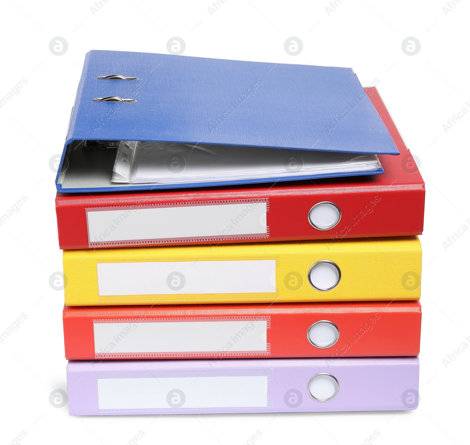 Photo of Many bright office folders isolated on white