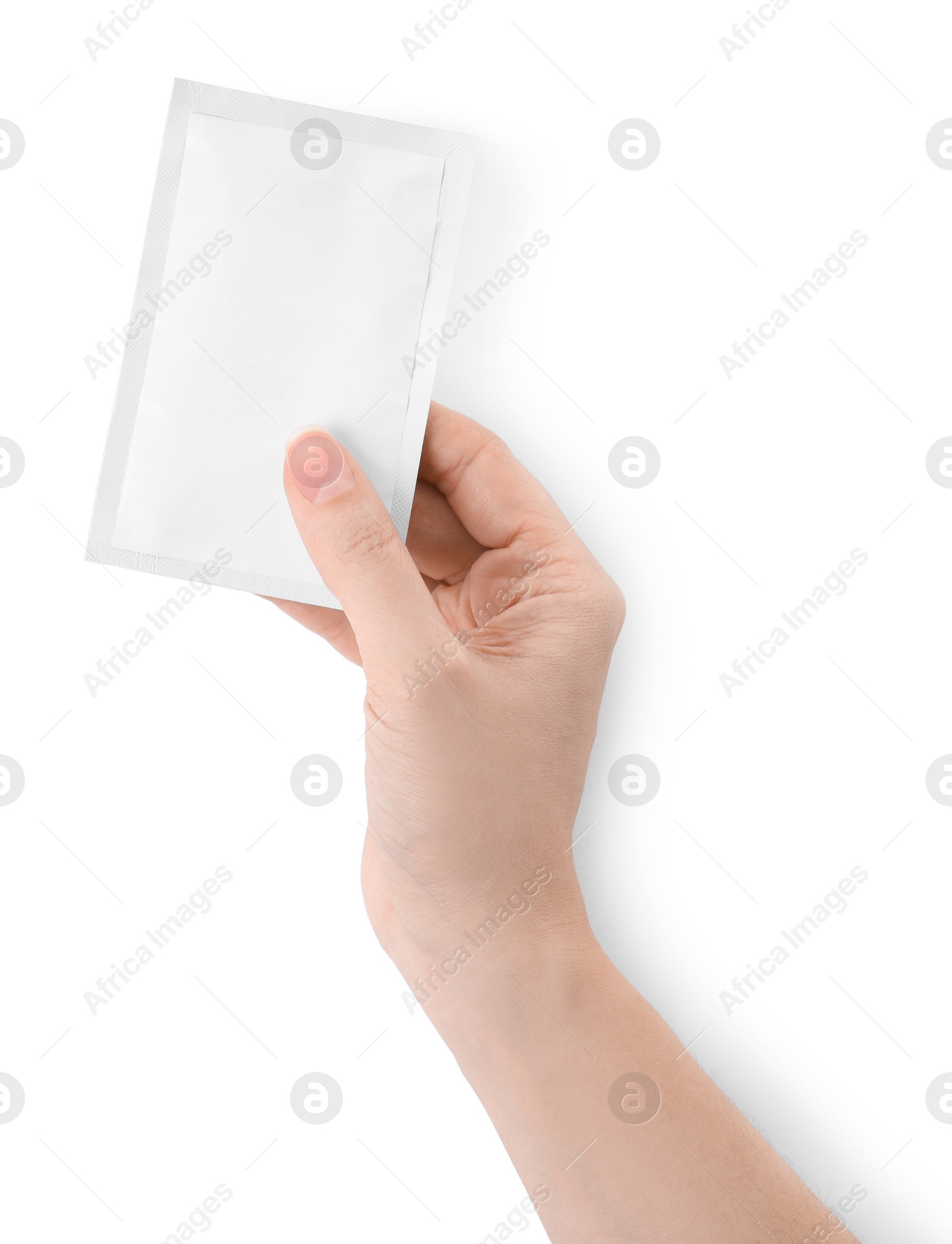 Photo of Woman holding medicine sachet on white background, closeup