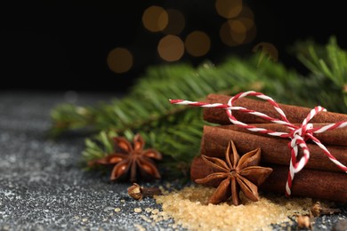 Photo of Different aromatic spices on grey textured table, closeup. Space for text