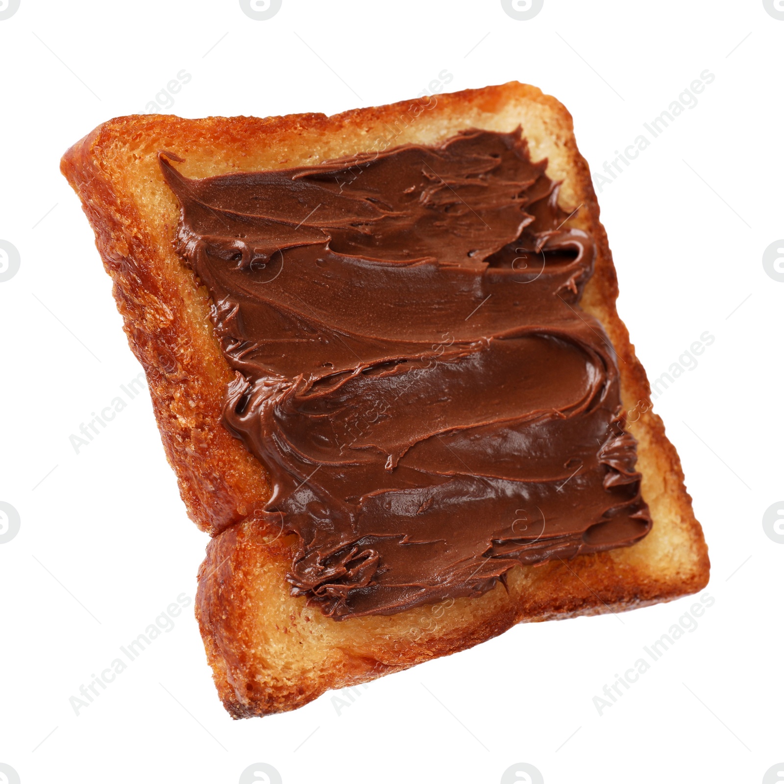 Photo of Piece of fresh toast bread with tasty chocolate paste isolated on white