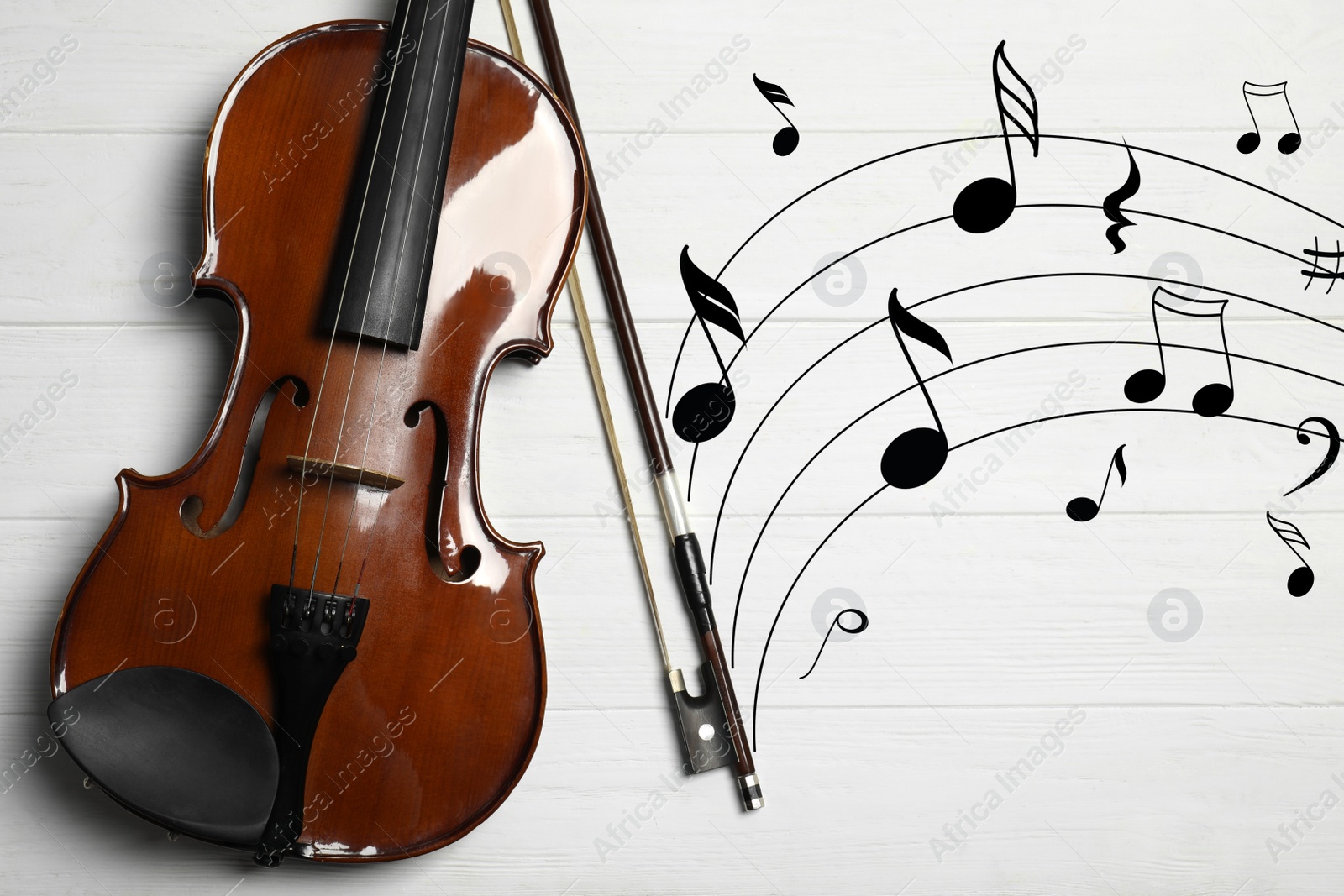 Image of Classic violin with bow and music notes on wooden background, flat lay